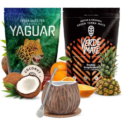 Yerba mate set Verde Mate Yaguar keramische kalebas Kokosnoot bombilla