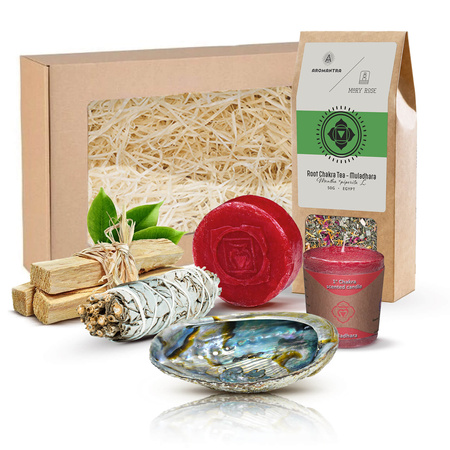 Geschenkset voor Wortelchakra (Muladhara): chakrathee + wierook + kaars